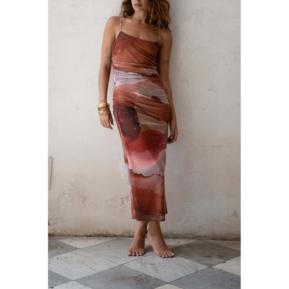 12th Tribe Caterina Rust Abstract Mesh Midi Dress Size MM